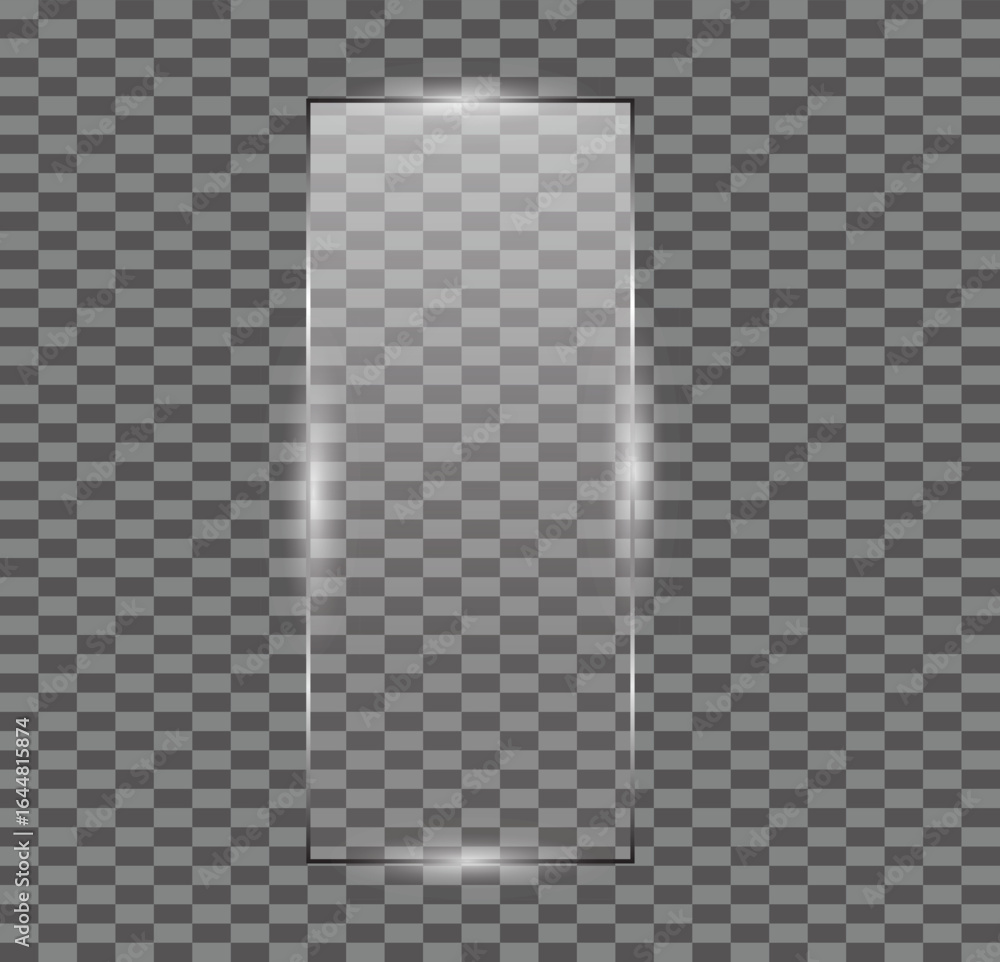 Poster glossy glass vertical rectangle, transparent elongated geometric shape with reflections highlights a