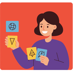 A cheerful woman in a purple sweater displays four concept cards with various icons.