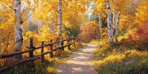 Golden autumn path through birch trees