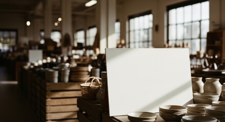 Indoor market scene with blank sign and pottery display; sunny exposure