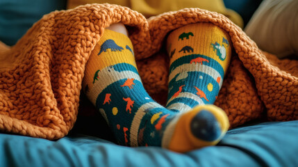 Legs covered with a knitted blanket and patterned socks.