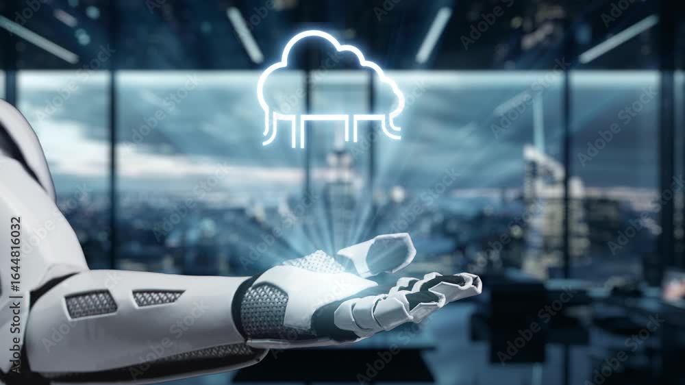 Poster a futuristic robotic hand displays a digital cloud storage concept with data transfer icons in a sle