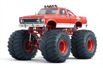 Cartoon Monster Truck. Red Off-Road Fun Heavy Truck with Rubber Wheels Isolated on White Background