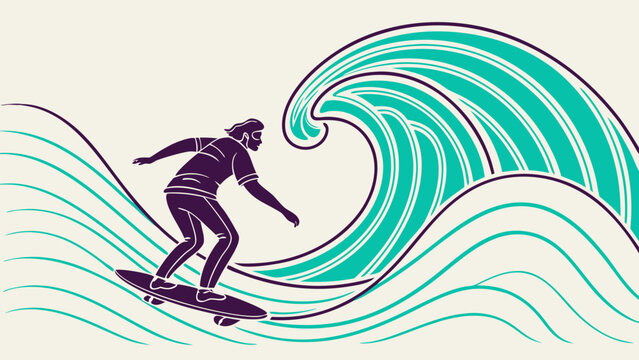 Surfing Adventure Riding the Crest of a Wave with a Determined Surfer