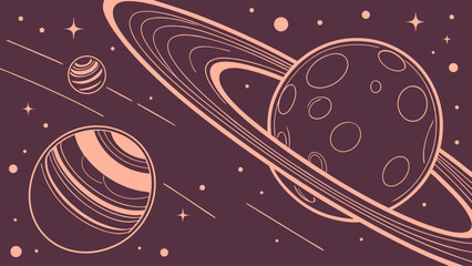 Retro line art illustration of a cosmic solar system with ringed planets, moons, and stars in outer space.