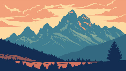 A serene vector illustration of a majestic mountain range at sunset, featuring a tranquil forest silhouette against a colorful sky.