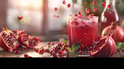 A vibrant splash of pomegranate juice with fresh pomegranate seeds and a rich red background.