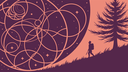 Astronaut Exploring the Universe of Geometric Patterns on a Hillside with a Pine Tree