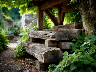 Obraz premium Rustic timber bench in verdant garden