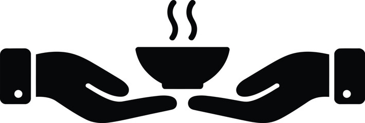 Two open hands holding a steaming bowl of food symbolizing charity and giving