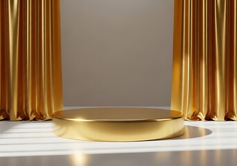 Golden podium with curtains for product display and stage presentation offering a luxurious and elegant background