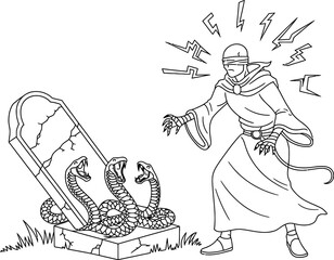 Obraz premium Blindfolded figure facing snakes near a tombstone graveyard