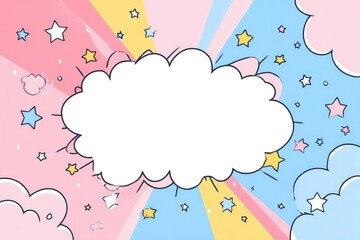 Whimsical cloud graphic with pastel colors, stars, and rays