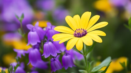 Obraz premium A vibrant daisy blooms a cluster of purple bellflowers