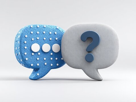 Two 3D speech bubbles, one blue with white polka dots and speech bubbles, the other grey with a dark blue question mark - Powered by Adobe