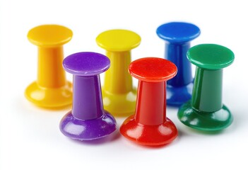 Colorful plastic pushpins clustered on white background