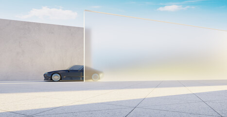 3d rendering futuristic car emerging from frosted glass wall in minimalist setting
