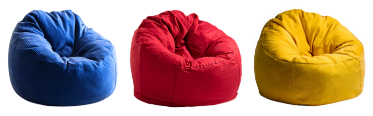 Collection of colorful blue, red and yellow bean bag chairs for casual seating isolated on a white or transparent background