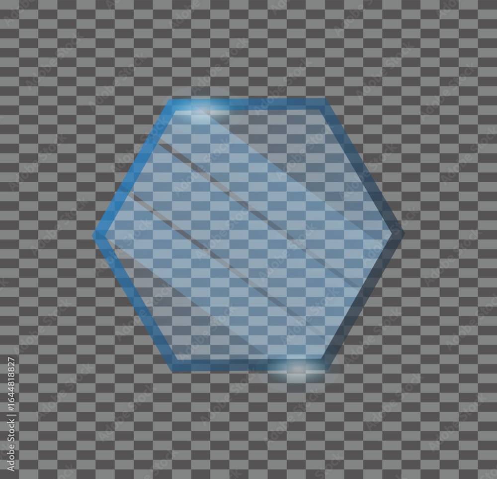 Poster glossy glass hexagon, transparent geometric element with blue gradient reflections highlights and re