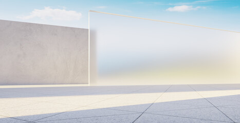 3d rendering modern empty showroom with concrete and glass walls displaying products under blue sky
