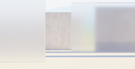 3d rendering abstract minimalist background featuring frosted glass and concrete wall