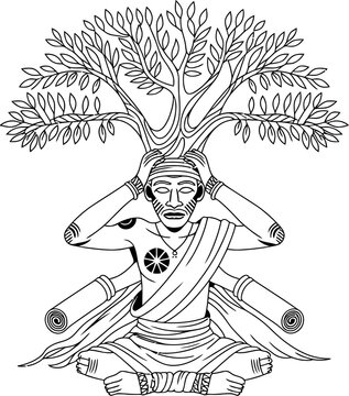 Four-armed man with tree growing from head four arms
