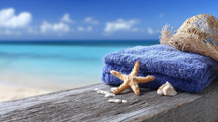 Blue beach towel, starfish, seashells, straw hat on weathered wood, ocean view