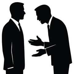 Two businessmen in silhouette arguing and gesturing intensely isolated on white background