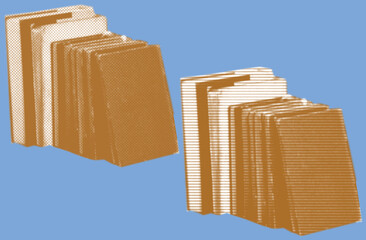 close up stack of old books color halftone dotted line texture style collage element isolated on blue background