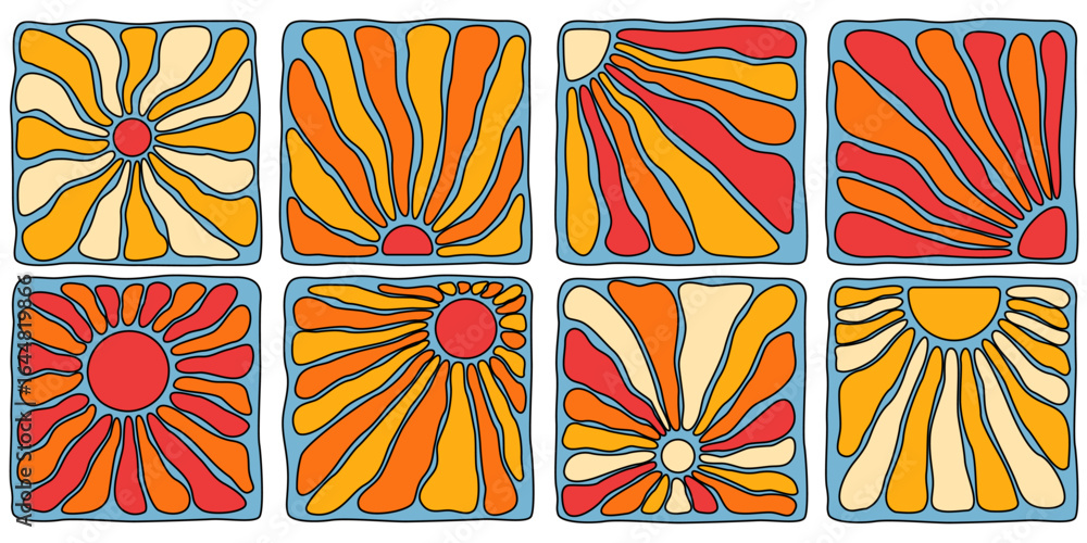 Poster groovy boho sun designs with retro rays and wavy patterns for hippie style art. colorful tiles with 