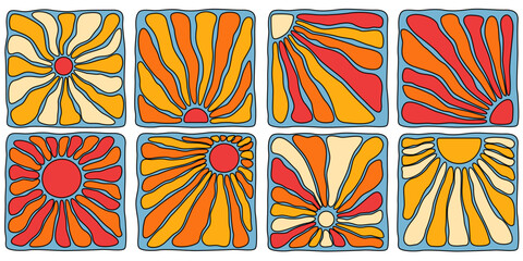 Groovy boho sun designs with retro rays and wavy patterns for hippie style art. Colorful tiles with orange, yellow and red psychedelic sunbursts. Vintage 70s aesthetic for posters or prints.