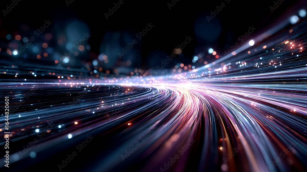 Poster dynamic light trails creating a vibrant flowing effect in dark background