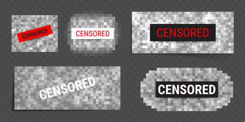 Censored blur bars with pixelated backgrounds and censor text labels in black, white or red for content restriction. Privacy protection stamps with mosaic patterns for blocking confidential media data