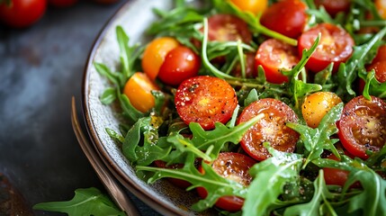 A vibrant salad with fresh rocket juicy tomatoes