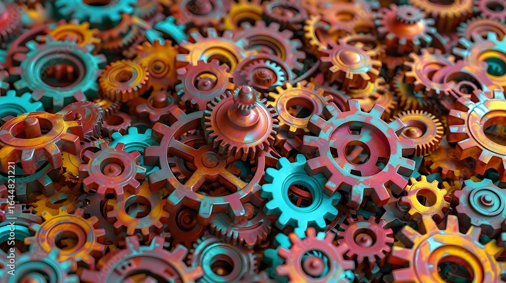Aufkleber macro shot of colorful steampunk gears and cogs with vintage rusty texture.