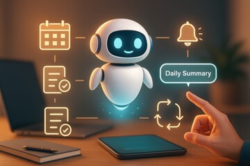 Cute AI Assistant Robot Interface Providing Daily Summary and Task Overview
