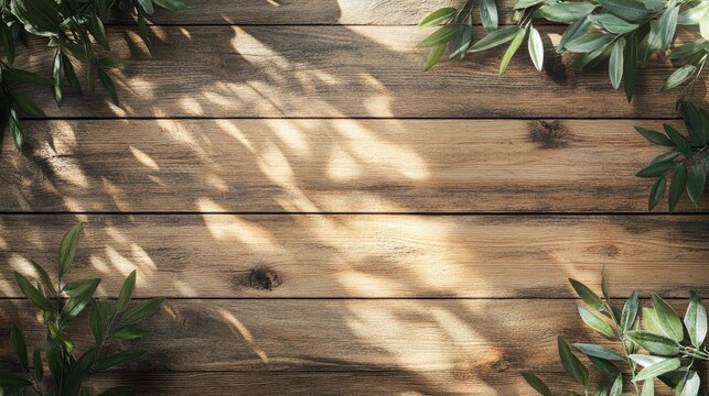 Sun-dappled wooden planks framed by vibrant green foliage, casting dancing shadows across the surface; a natural, serene scene ideal for text or product placement