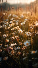 Premium Vintage-Style Daisy Field at Golden Sunset Authentic Pastoral Floral Nature for Inspiring Summer Lifestyle Marketing and Social Media Content