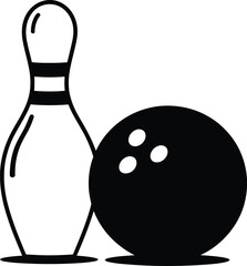 Simple line art icon of a bowling ball and pin on white background