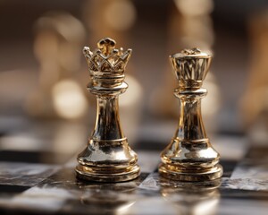 Fototapeta premium Premium Gold Chess Pieces Close-Up with Glossy Board Modern Strategic Elegance for Professional Business Marketing and Social Media Content