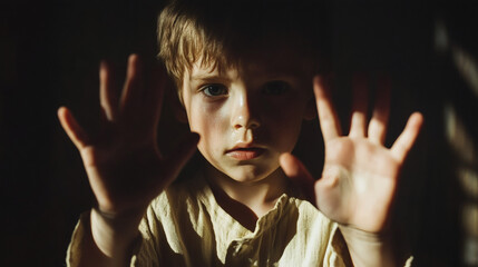 A young boy with hands up in front of his face.