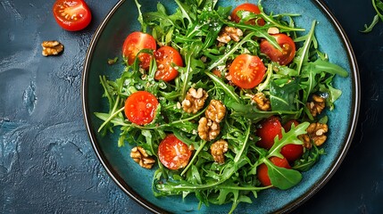 A vibrant salad with fresh rocket juicy tomatoes crunchy walnuts