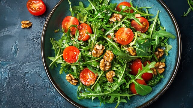 A vibrant salad with fresh rocket juicy tomatoes crunchy walnuts