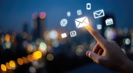 A hand touches a glowing email icon, overlaid on a city night background.  Digital communication concept
