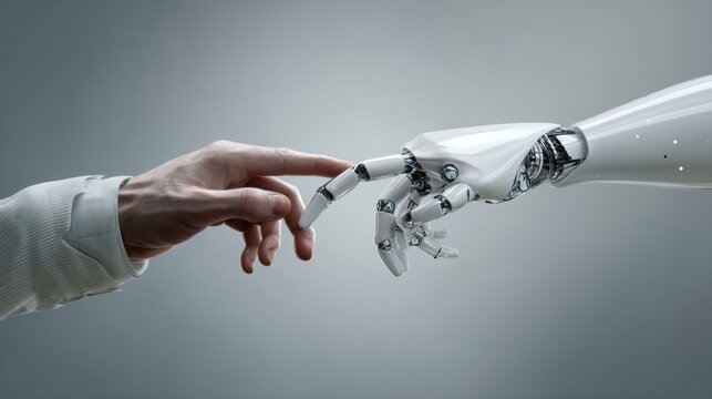 Human Touch and Robotic Interface: A poignant encounter unfolds as a human finger delicately touches a robotic counterpart, representing the intersection of humanity and artificial intelligence.  