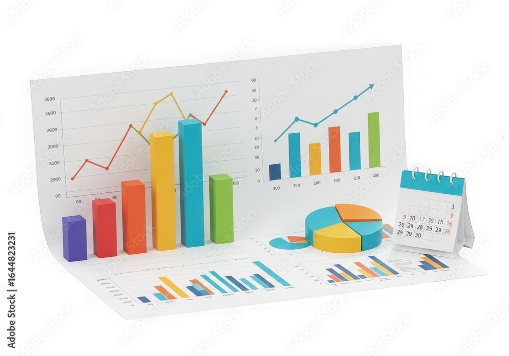 Poster business analytics charts and graphs isolated on transparent background