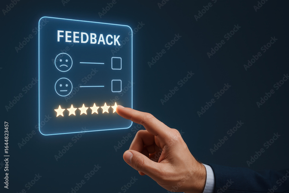 Aufkleber positive business review concept with hand selecting five star rating on digital feedback form showi