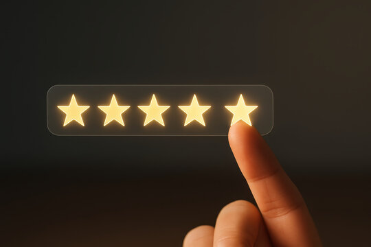 Five star rating glowing with finger pointing for business review concept showing excellent feedback and high quality service satisfaction