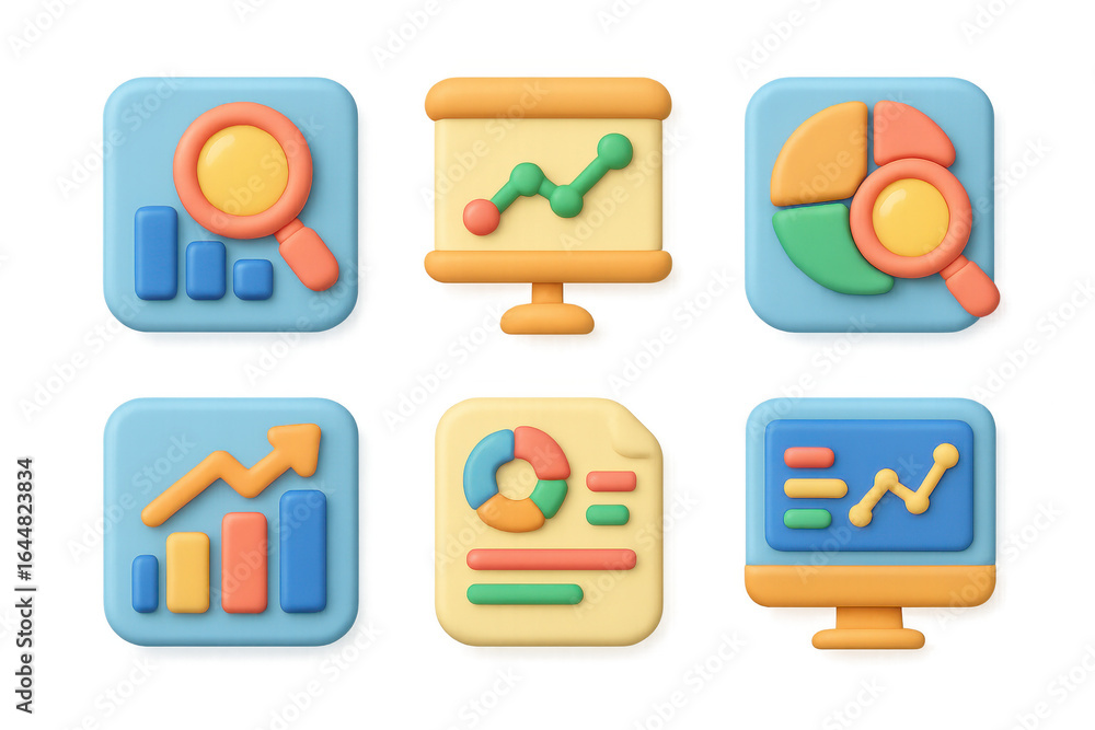 Poster 3d analytics icons: magnifying glass, graphs, charts, and computer screens on colorful buttons