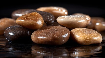 Close-up view of smooth, wet stones in warm tones.
